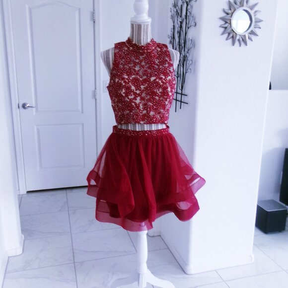 Jodi Kristoper 2 Piece Cropped Skirt Set Cranberry Red Sparkly Formal  11 / M - Picture 2 of 15